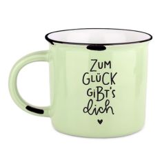 XL Becher „Zum Glück gibt`s dich" – Vintage-Becher im Emaille-Look