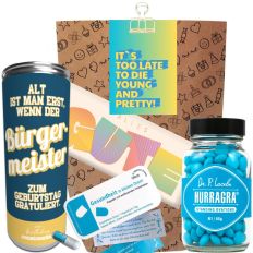 Geschenktüte zum Geburtstag – Lustiges Geburtstagsgeschenk „It’s too late“ (Set 3)