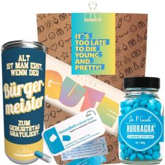 Geschenktüte zum Geburtstag – Lustiges Geburtstagsgeschenk „It’s too late“ (Set 3)