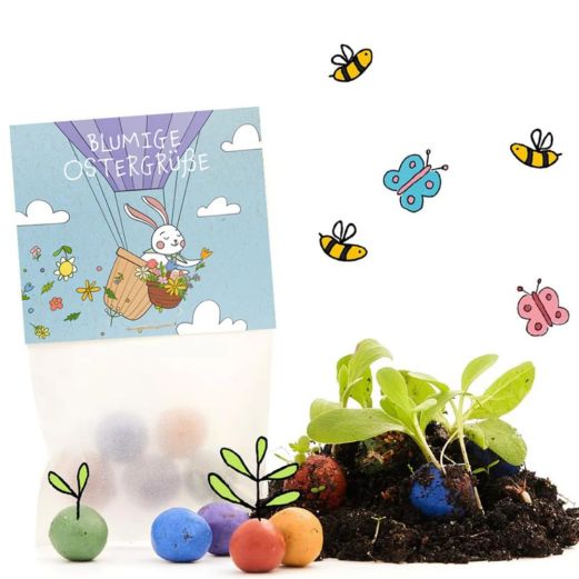 Blumenmurmeln im Pergaminbeutel „Blumige Ostergrüße“