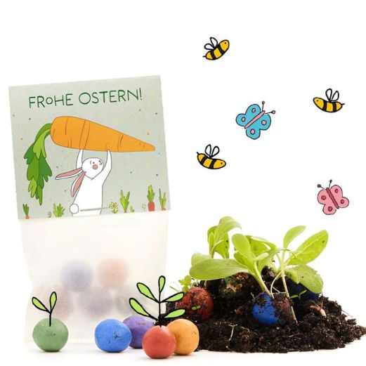 Blumenmurmeln im Pergaminbeutel „Frohe Ostern“ (Motiv Hase mit Möhre)