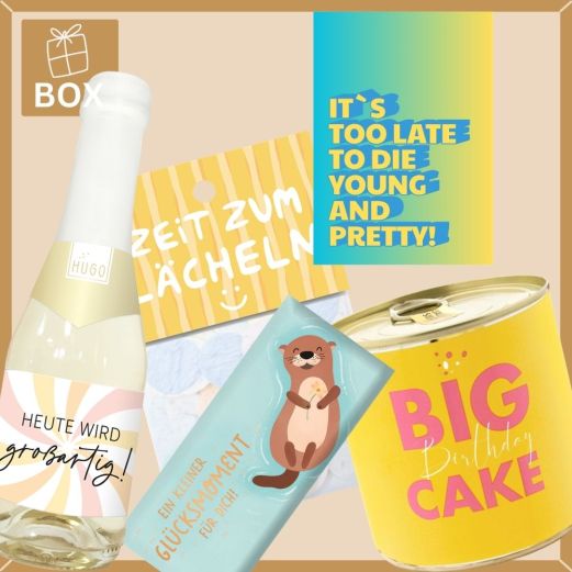 Geschenkbox zum Geburtstag – Lustiges Geburtstagsgeschenk „It’s too late“ (Set 3)