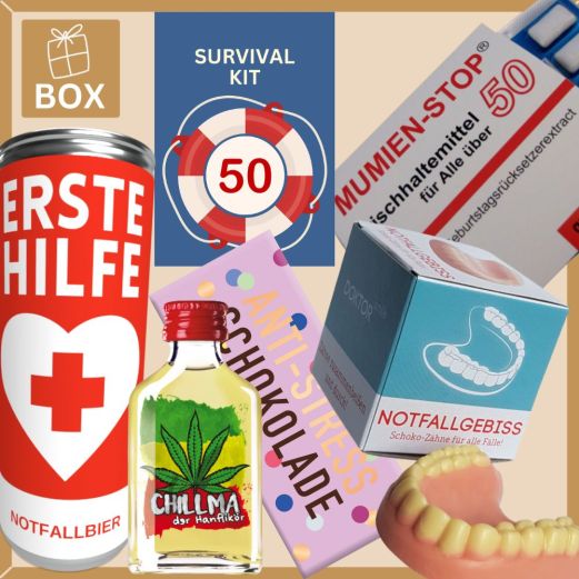 Geschenkbox Überlebenspaket zum 50. Geburtstag SURVIVAL KIT # 1