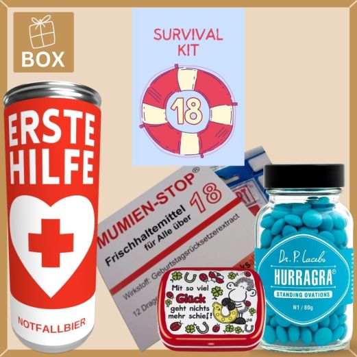 Geschenkbox Überlebenspaket zum 18. Geburtstag SURVIVAL KIT # 1