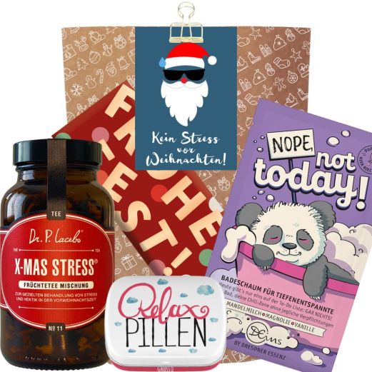 Geschenktüte „Kein Stress vor Weihnachten!“ - Lustiges Weihnachtsgeschenk (Set 8)