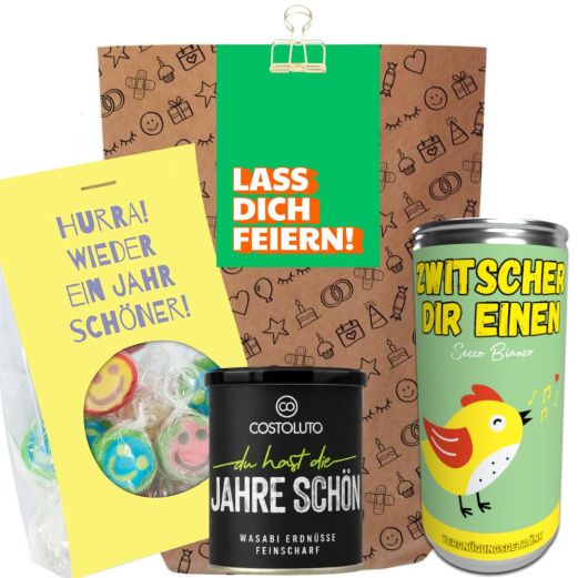 Geschenktüte zum Geburtstag – Geschenkset „Lass dich feiern!“ (Set 3)