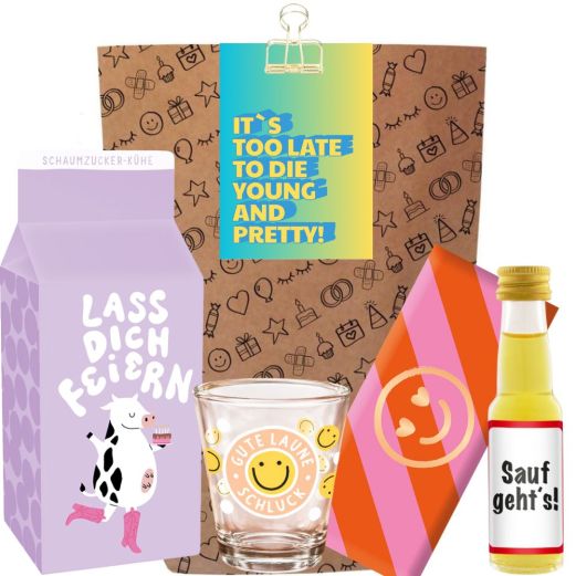 Geschenktüte zum Geburtstag – Lustiges Geburtstagsgeschenk „It’s too late“ (Set 4)