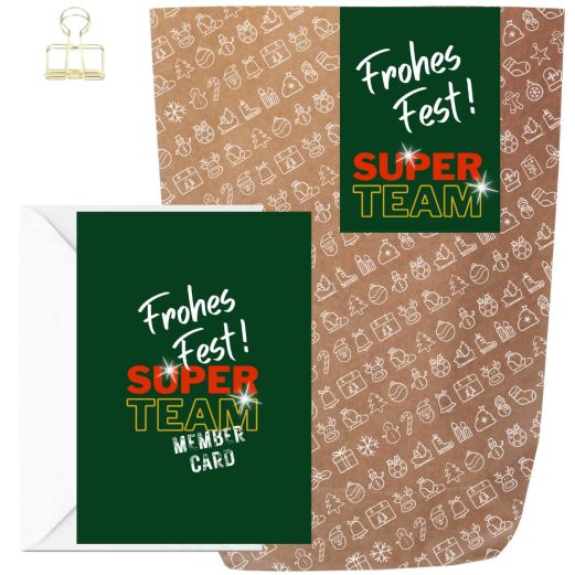 Geschenktüte + Grußkarte FROHES FEST! SUPER TEAM