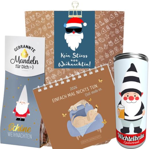 Geschenktüte „Kein Stress vor Weihnachten!“ - Lustiges Weihnachtsgeschenk (Set 1)