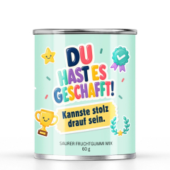 Saurer Fruchtgummi-Mix „DU HAST ES GESCHAFFT! – Kannste stolz drauf sein.“ – Sticker Edition