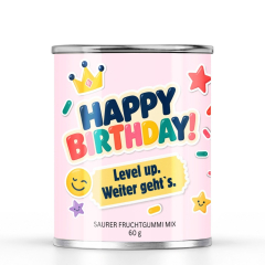 Saurer Fruchtgummi-Mix „HAPPY BIRTHDAY! – Level Up! Weiter geht`s“ – Sticker Edition