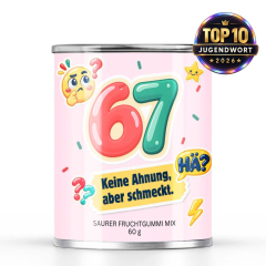 Saurer Fruchtgummi-Mix „67 – Keine Ahnung, aber schmeckt.“ – Sticker Edition